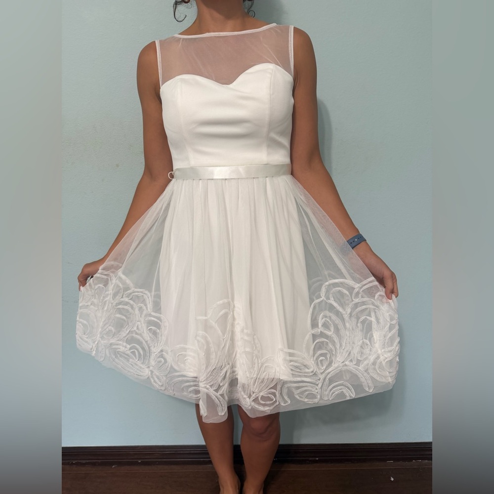 Soft white bridal dress - short mesh dress with illusion sweetheart bodice